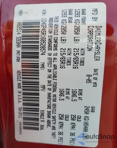 2006 Dodge Caravan Sxt из США, поврежденный, VIN 1D4GP45R16B528574